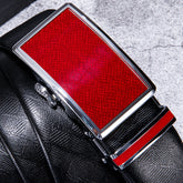 Men's Leather Ratchet Adjustable Belt 1 3/8" Red Plaid Metal Buckle For Dress Casual